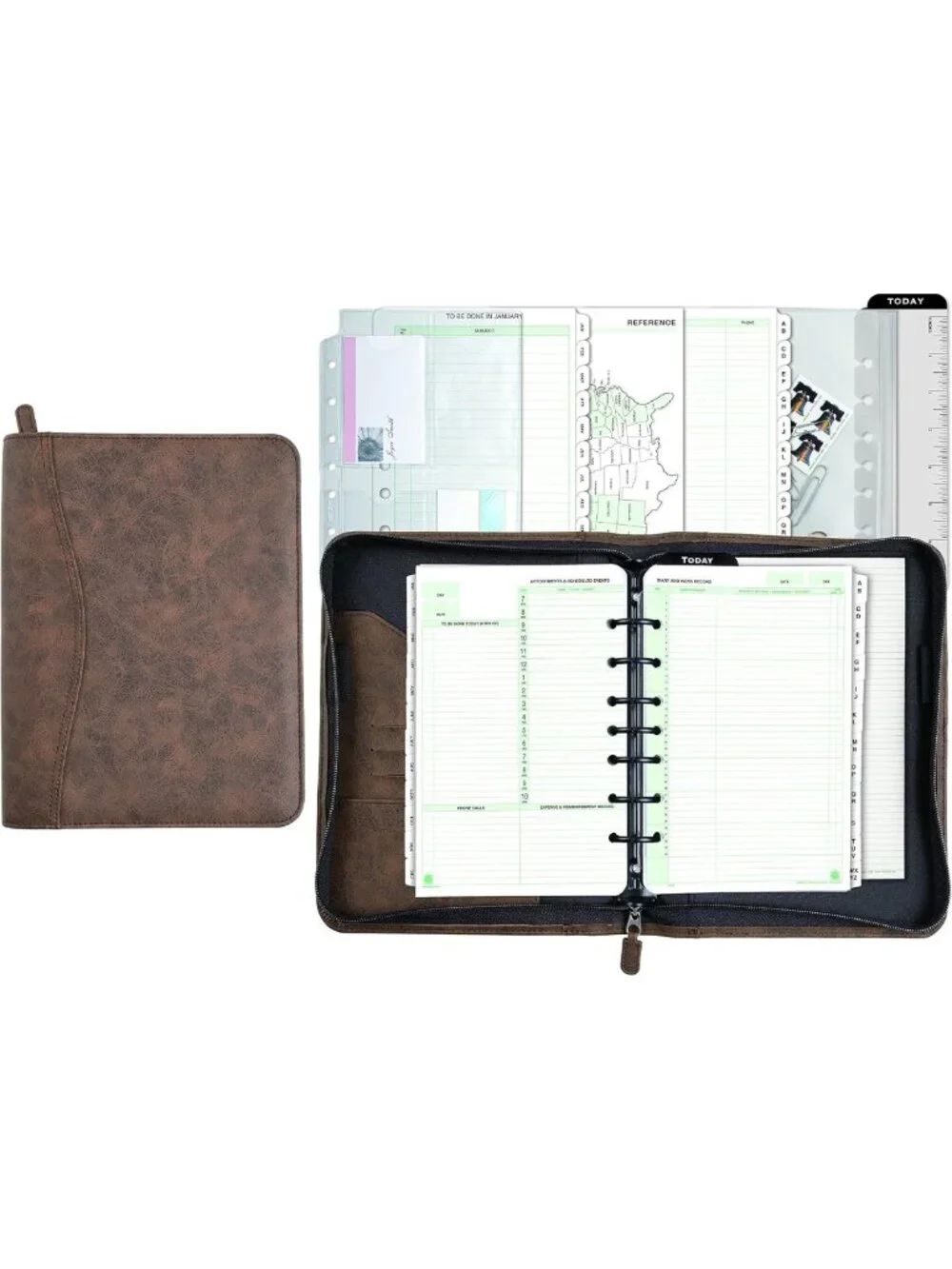 Distressed Look Desk Organizer Set, Undated 7-Ring Planner, Compact 5.5x8.5